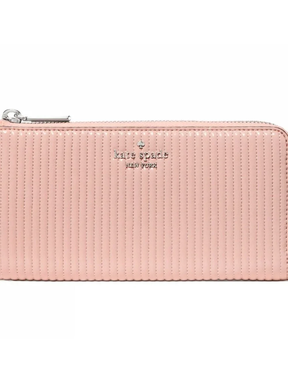 New Kate Spade Shiny Quilted Patent Large Slim L-zip Wallet Rose Smoke